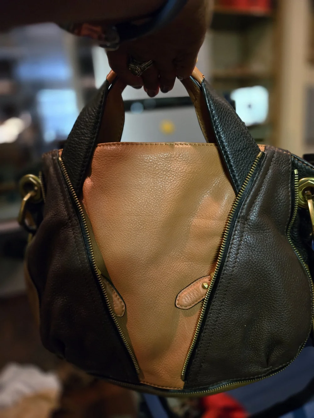 OryAnY Color Block Tan, Brown and Black Leather Shoulder/Crossbody/Hobo Bag. EUC